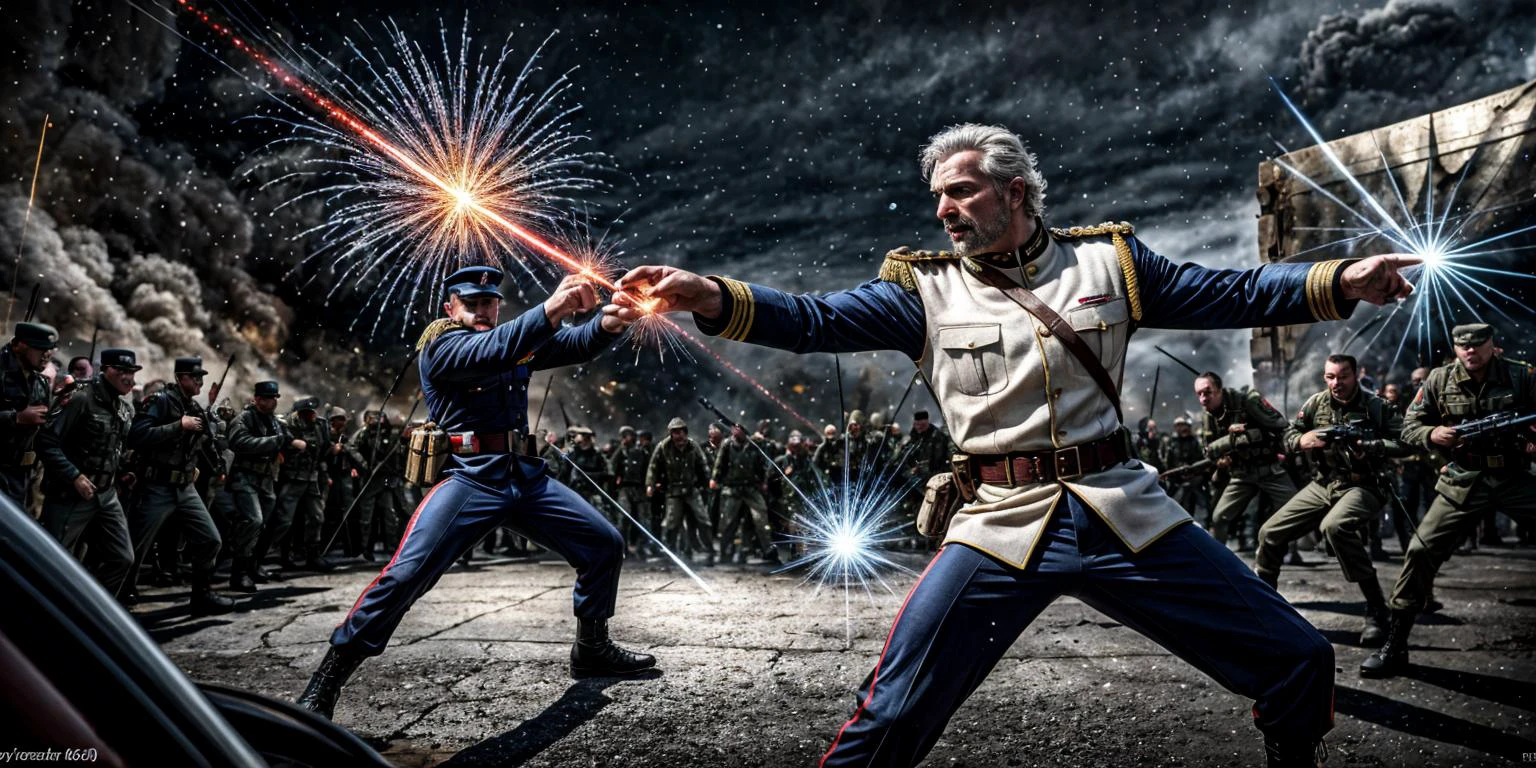 (best quality, highres), utopic futuristic elegant intense complex flawless smooth photorealisti analog film hollywood best studios godly masterpiece, realistic, straight on hyper action dynamic fast shot of a 30 year old mustache commander 1man fighting with realistic well-formed sword and hyperealistic accurated fighting and holding sword combat pose stance, French male intricate face, facial hair, buzzed hair, best male anatomy, symmetric limbs, masculine commander uniform on, fighting at the crowded battlefield, holding sword, well-formed sword, best fighting with sword male pose, rea life commander, french male commander action movie style, must be action, must be fast, must be quick, must be entertaining, original, best french male commander in action aesthetic composition with accurte perspective, super quality, ultra sharp, (RAW, photo, 50000dpi, uncompressed image, single layer image), perfect depth of field, extreme battlefield background, cinematic illumination as in real life action movie, special FXs with iray, sony studios, by George Lucas, Ridley Scott, Arthur Adams, paramount pictures studios, dramatic, intense, complex, exceptional amplitude, footage 120fps, focal-length at scene elements at 4k 8k 16k 32k 64k, main subject which is commander fights at 32k, blurred sidekick actors at 4k, oppressive laser beam cracking soils at 8k, explosions and millions of fighters army fighting at 64k, solar ecplice at 128k, everything coherent in the scene forming an exceptional epic majestic battle complex professional engineered composition, outstanding, legit stunning scene, utopic godly-like genius intertwined paparel multiple-objectives-and-purposes for each group of side-kick actors while still granting main focus on french commander, award-winning, academy awards winner, best seller, unforgettable, the very best french commander action movie ever made in the history of humankind in this world, estabilished new standards, break all molds, insanely innovative, ultra professional actors involved in scene, the most expensive action movie ever made, best of the best, movie director reached perfection with masterskill creating this exhuberant exceptional uncanny movie heroic honest sould of masterpiece, sublime, innoation award winner, french commander action movie award-winner, everyones is talking about it, french commander movie mania among humankind, , but me futuristic for audience loves it, fine elegant details, discreet use of phonemenal CG realistic professional cinematic jaw-dropping effects, the very best french commander action movie in history, applauses, iridescent (red, yellow, neon_blue, holographic_elements_shapes, deeppurple lasers), hyper professional illumination, globall illumination, ultra wide-angle, perfect use of different mult-layers, (((whole scene has 3d pop out the screen effect))) by David R. Ellis, Martin Martin Scorsese, Exceptional IMAX studios, Howard Hall,<lora:pytorch_lora_weighs:0.4>