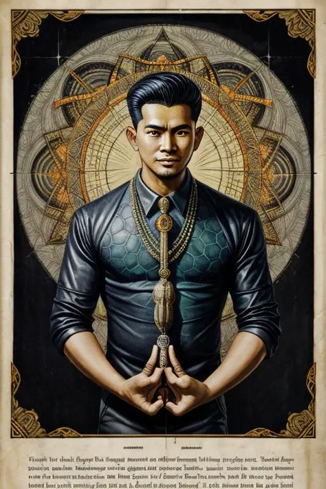 1950's ad featuring , a average Filipino man with a Agareth, nanotechnology manipulation, cyber-occultism, illustration,  painterly, print ad