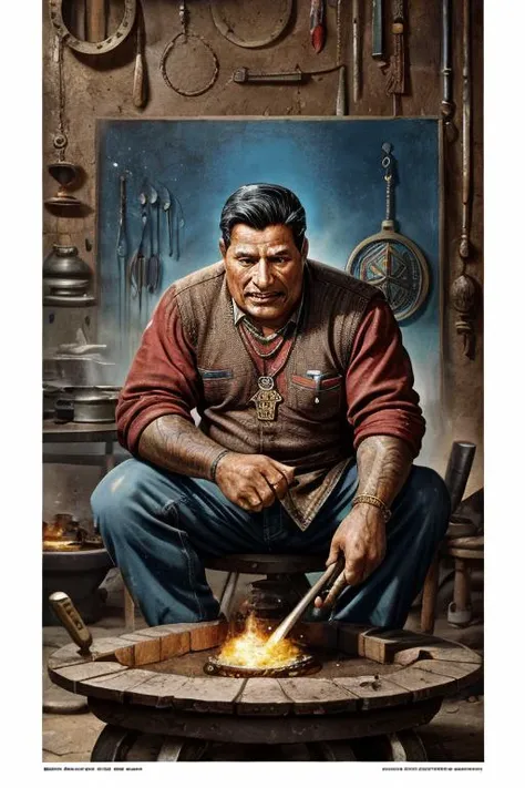 1950's ad featuring , a average Bolivian man with a Amulet, shaping and forging metal with magic, illustration,  painterly, print ad