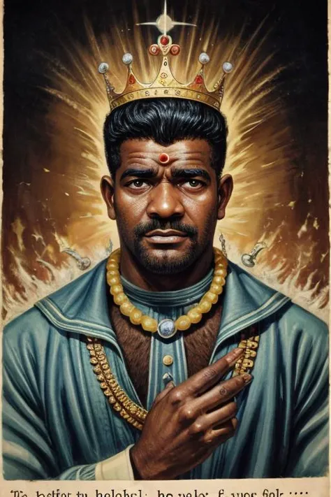 1950's ad featuring , a _ Fijian man with a Crown of Cleansing, magnetism manipulation, illustration, painterly, print ad