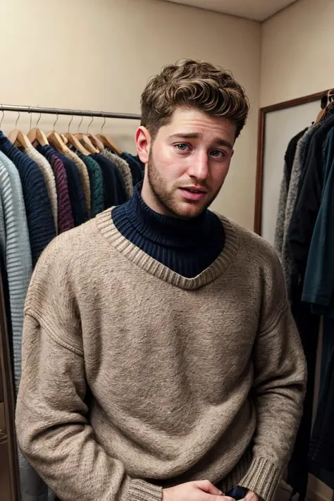 hyper realistic candid photo of a 24yo male, Jewish, average, dressing room, analog style, masterpiece, silly, short hair, roll-neck sweater, straight-on