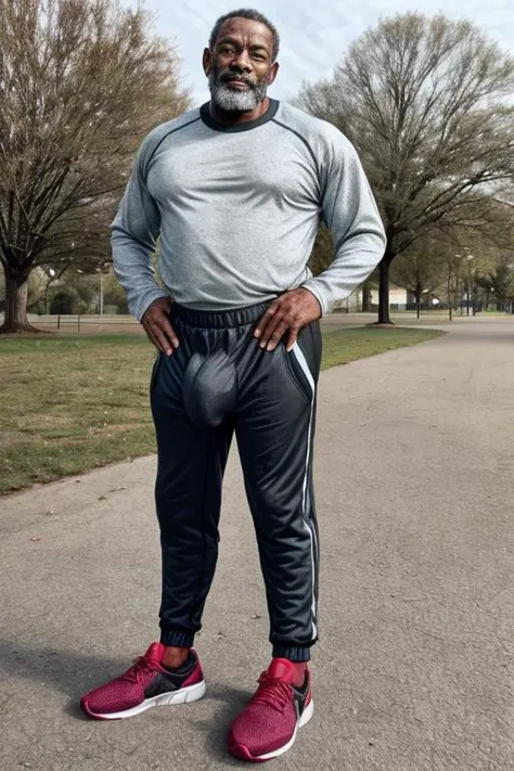 americana,best quality, candid photo, thin 60 year old black-american man with bold wearing sweatpants with bulgeJ8, long sleeve compression shirt, athletic sneakers at a park <lora:bulgeJ8_concept-000004M:1>