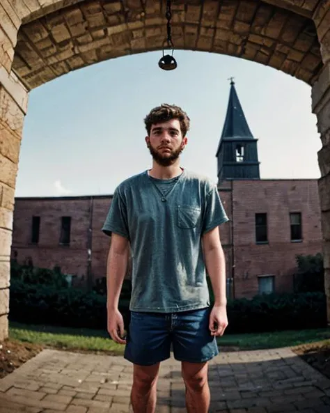 hyper realistic candid photo of a 24yo male, Gypsi, redneck, bell tower, analog style, masterpiece, pensive, short hair, shorts, selfie