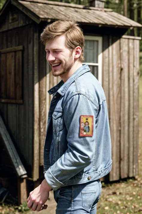 hyper realistic candid photo of a 24yo male, Caucasian, slender, shack, analog style, masterpiece, giggling, short hair, denim jacket, from side