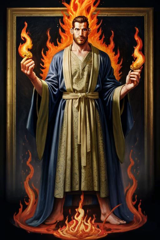 1950's ad featuring , a tall Micaelense man with a Robe of Flame, alchemy, illustration, painterly, print ad