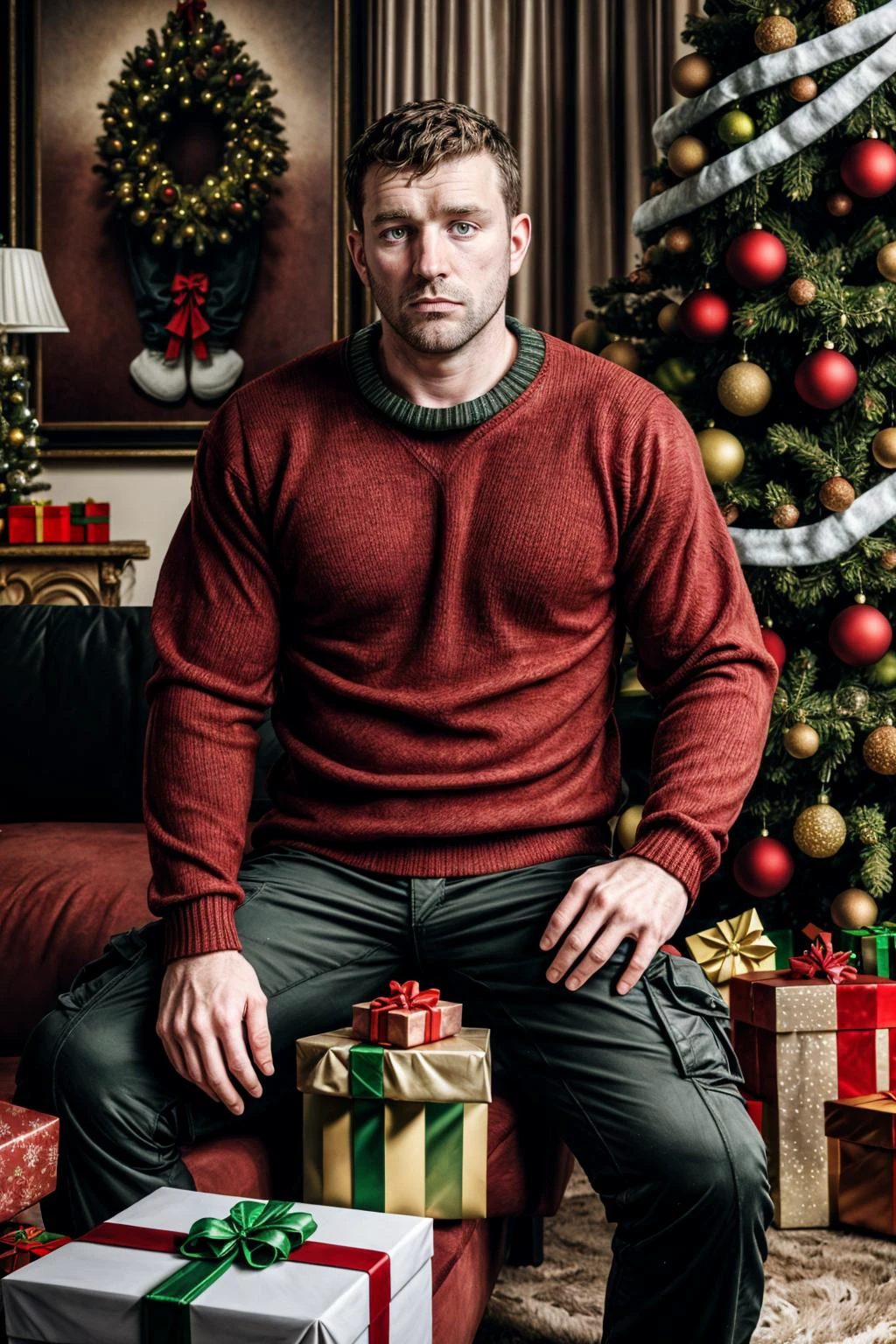 asymmetric:1, hdr, an Irish | french 30 yo dad, red sweater, cargo pants, living room, Christmas tree, gift boxes,<lora:EMS-179-EMS:0.400000>