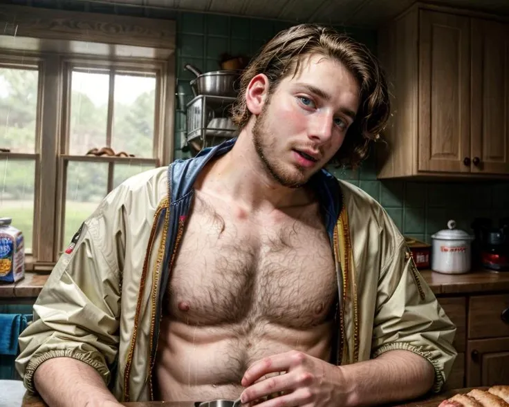 24yo dg_Hank male, <lora:dg_Hank_v1:0.8>, hyper realistic candid photo, kitchen, analog style, masterpiece, nauseated, short hair, slightly hairy chest, rain jacket, sideways