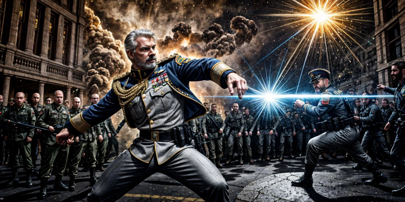 (best quality, highres), utopic futuristic elegant intense complex flawless smooth photorealisti analog film hollywood best studios godly masterpiece, realistic, straight on hyper action dynamic fast shot of a 30 year old mustache commander 1man fighting with realistic well-formed sword and hyperealistic accurated fighting and holding sword combat pose stance, French male intricate face, facial hair, buzzed hair, best male anatomy, symmetric limbs, masculine commander uniform on, fighting at the crowded battlefield, holding sword, well-formed sword, best fighting with sword male pose, rea life commander, french male commander action movie style, must be action, must be fast, must be quick, must be entertaining, original, best french male commander in action aesthetic composition with accurte perspective, super quality, ultra sharp, (RAW, photo, 50000dpi, uncompressed image, single layer image), perfect depth of field, extreme battlefield background, cinematic illumination as in real life action movie, special FXs with iray, sony studios, by George Lucas, Ridley Scott, Arthur Adams, paramount pictures studios, dramatic, intense, complex, exceptional amplitude, footage 120fps, focal-length at scene elements at 4k 8k 16k 32k 64k, main subject which is commander fights at 32k, blurred sidekick actors at 4k, oppressive laser beam cracking soils at 8k, explosions and millions of fighters army fighting at 64k, solar ecplice at 128k, everything coherent in the scene forming an exceptional epic majestic battle complex professional engineered composition, outstanding, legit stunning scene, utopic godly-like genius intertwined paparel multiple-objectives-and-purposes for each group of side-kick actors while still granting main focus on french commander, award-winning, academy awards winner, best seller, unforgettable, the very best french commander action movie ever made in the history of humankind in this world, estabilished new standards, break all molds, insanely innovative, ultra professional actors involved in scene, the most expensive action movie ever made, best of the best, movie director reached perfection with masterskill creating this exhuberant exceptional uncanny movie heroic honest sould of masterpiece, sublime, innoation award winner, french commander action movie award-winner, everyones is talking about it, french commander movie mania among humankind, , but me futuristic for audience loves it, fine elegant details, discreet use of phonemenal CG realistic professional cinematic jaw-dropping effects, the very best french commander action movie in history, applauses, iridescent (red, yellow, neon_blue, holographic_elements_shapes, deeppurple lasers), hyper professional illumination, globall illumination, ultra wide-angle, perfect use of different mult-layers, (((whole scene has 3d pop out the screen effect))) by David R. Ellis, Martin Martin Scorsese, Exceptional IMAX studios, Howard Hall,<lora:pytorch_lora_weighs:0.4>