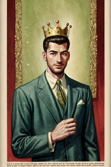 1950's ad featuring , a thin Tinerfeno man with a Crown of Composure, substance transformation, illustration,  painterly, print ad