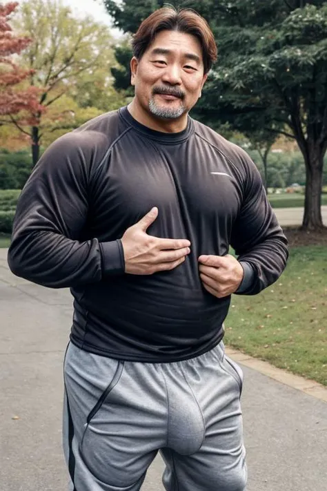 masterpiece, best quality, candid photo, burly 50 year old South Korean man with long brown hair guided crotch grab wearing sweatpants with bulgeJ8, long sleeve compression shirt, athletic sneakers at a park <lora:bulgeJ8_concept-000004M:.5>