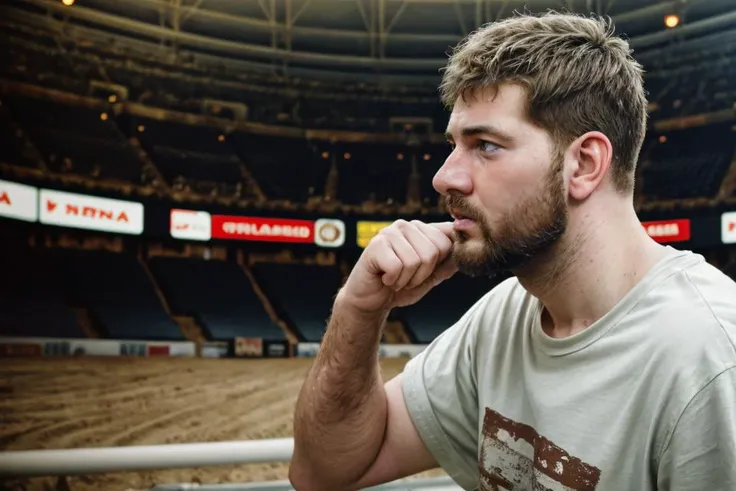 hyper realistic candid photo of a 24yo male, Mediterranean, redneck, arena, analog style, masterpiece, goofy, short hair, plain T-shirt, from side