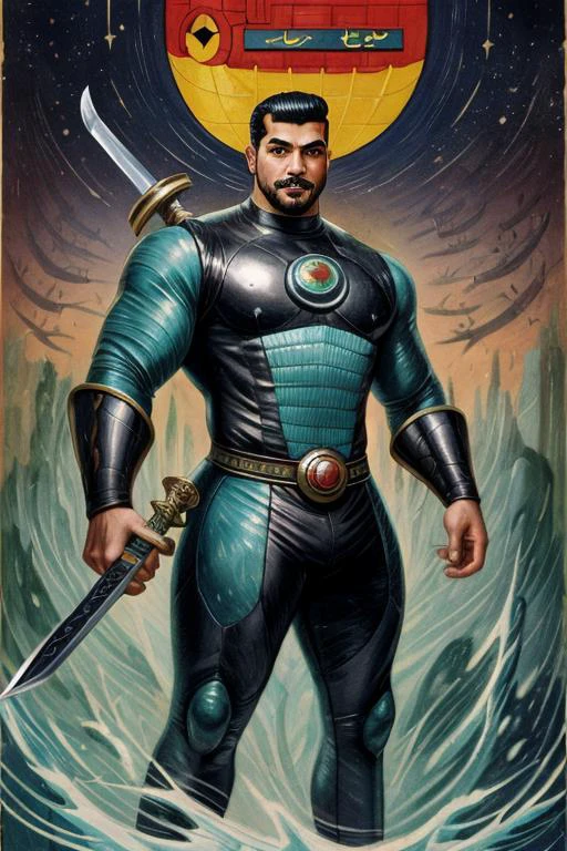 1950's ad featuring , a buff Bahraini man with a Sword of Deep Sea, control over energy forms, retrofuturism, illustration, painterly, print ad