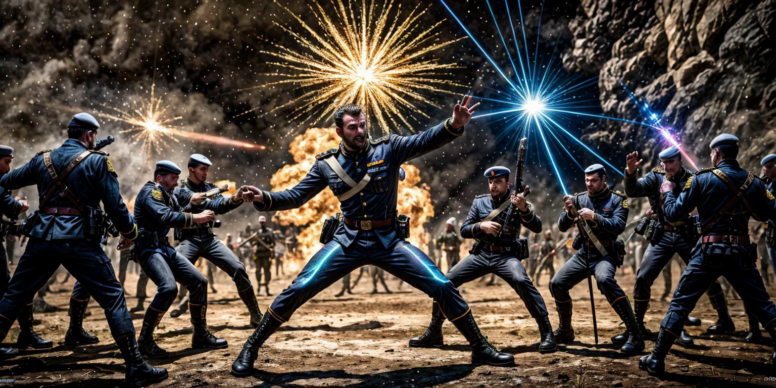 (best quality, highres), utopic futuristic elegant intense complex flawless smooth photorealisti analog film hollywood best studios godly masterpiece, realistic, straight on hyper action dynamic fast shot of a 30 year old mustache commander 1man fighting with realistic well-formed sword and hyperealistic accurated fighting and holding sword combat pose stance, French male intricate face, facial hair, buzzed hair, best male anatomy, symmetric limbs, masculine commander uniform on, fighting at the crowded battlefield, holding sword, well-formed sword, best fighting with sword male pose, rea life commander, french male commander action movie style, must be action, must be fast, must be quick, must be entertaining, original, best french male commander in action aesthetic composition with accurte perspective, super quality, ultra sharp, (RAW, photo, 50000dpi, uncompressed image, single layer image), perfect depth of field, extreme battlefield background, cinematic illumination as in real life action movie, special FXs with iray, sony studios, by George Lucas, Ridley Scott, Arthur Adams, paramount pictures studios, dramatic, intense, complex, exceptional amplitude, footage 120fps, focal-length at scene elements at 4k 8k 16k 32k 64k, main subject which is commander fights at 32k, blurred sidekick actors at 4k, oppressive laser beam cracking soils at 8k, explosions and millions of fighters army fighting at 64k, solar ecplice at 128k, everything coherent in the scene forming an exceptional epic majestic battle complex professional engineered composition, outstanding, legit stunning scene, utopic godly-like genius intertwined paparel multiple-objectives-and-purposes for each group of side-kick actors while still granting main focus on french commander, award-winning, academy awards winner, best seller, unforgettable, the very best french commander action movie ever made in the history of humankind in this world, estabilished new standards, break all molds, insanely innovative, ultra professional actors involved in scene, the most expensive action movie ever made, best of the best, movie director reached perfection with masterskill creating this exhuberant exceptional uncanny movie heroic honest sould of masterpiece, sublime, innoation award winner, french commander action movie award-winner, everyones is talking about it, french commander movie mania among humankind, , but me futuristic for audience loves it, fine elegant details, discreet use of phonemenal CG realistic professional cinematic jaw-dropping effects, the very best french commander action movie in history, applauses, iridescent (red, yellow, neon_blue, holographic_elements_shapes, deeppurple lasers), hyper professional illumination, globall illumination, ultra wide-angle, perfect use of different mult-layers, (((whole scene has 3d pop out the screen effect))) by David R. Ellis, Martin Martin Scorsese, Exceptional IMAX studios, Howard Hall,<lora:pytorch_lora_weighs:0.4>