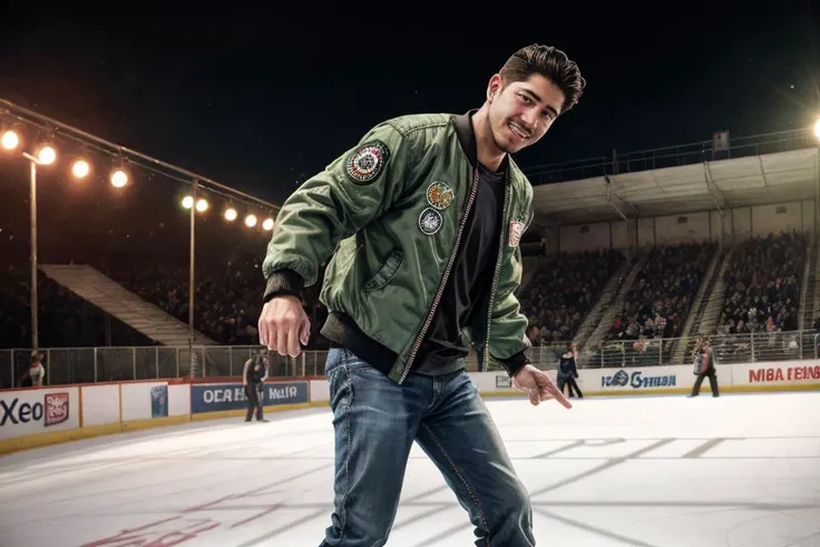 hyper realistic candid photo of a 24yo male, Mexican, redneck, skating rink, analog style, masterpiece, celebrating, short hair, bomber jacket, from side