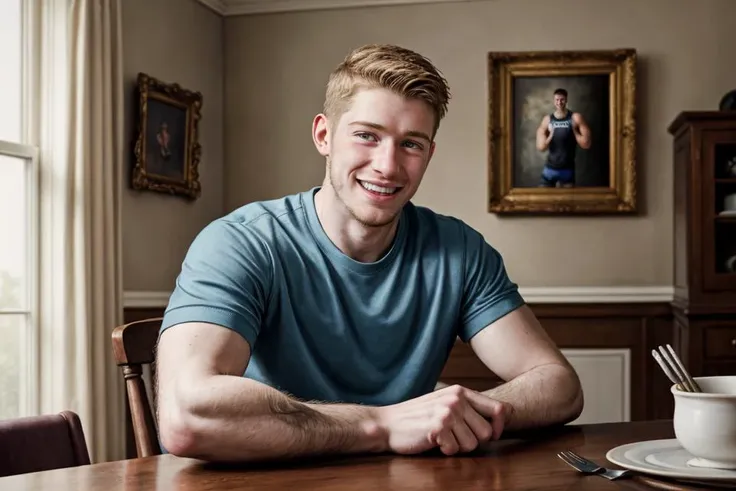 hyper realistic candid photo of a 24yo male, British, slender, dining room, analog style, masterpiece, grinning, short hair, workout shirt, straight-on