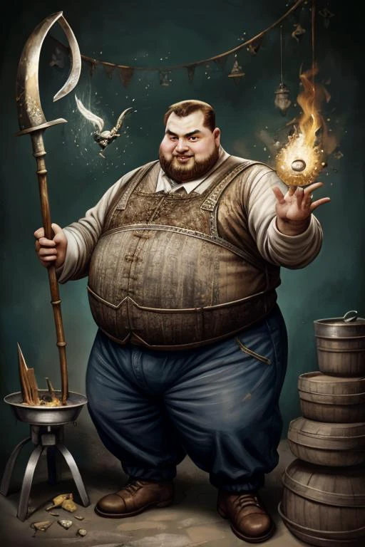 1950's ad featuring , a fat Russian man with a The True Unholy Bow, shaping and forging metal with magic, illustration, painterly, print ad
