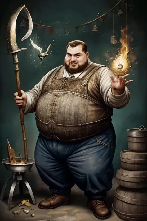 1950's ad featuring , a fat Russian man with a The True Unholy Bow, shaping and forging metal with magic, illustration,  painterly, print ad