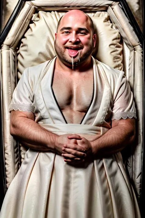 (fat:1.3),(chubby:1.2),(bald hair:1.3),middle age man,hairy,plump,thick arms,round head,
(wearing a cute white prom dress:1.3),
hairy,hairy breasts,exposed cleavage,
<lora:coffin>,in_coffin,lying,coffin,on back,(hands crossed over waist:1.4),own hands together,(interlocked fingers:1.2),
floral decoration,flowers,
<lora:cbp:0.5>,<lora:Short Dress 4 By Stable Yogi:0.8>,white dress,
<lora:Tongues_V62:0.5>,tongue out,ahegao face,drooling,wet tongue out,licking lips,wide open mouth,(tongue out to the side:1.1),(rolling eyes:1.3),
