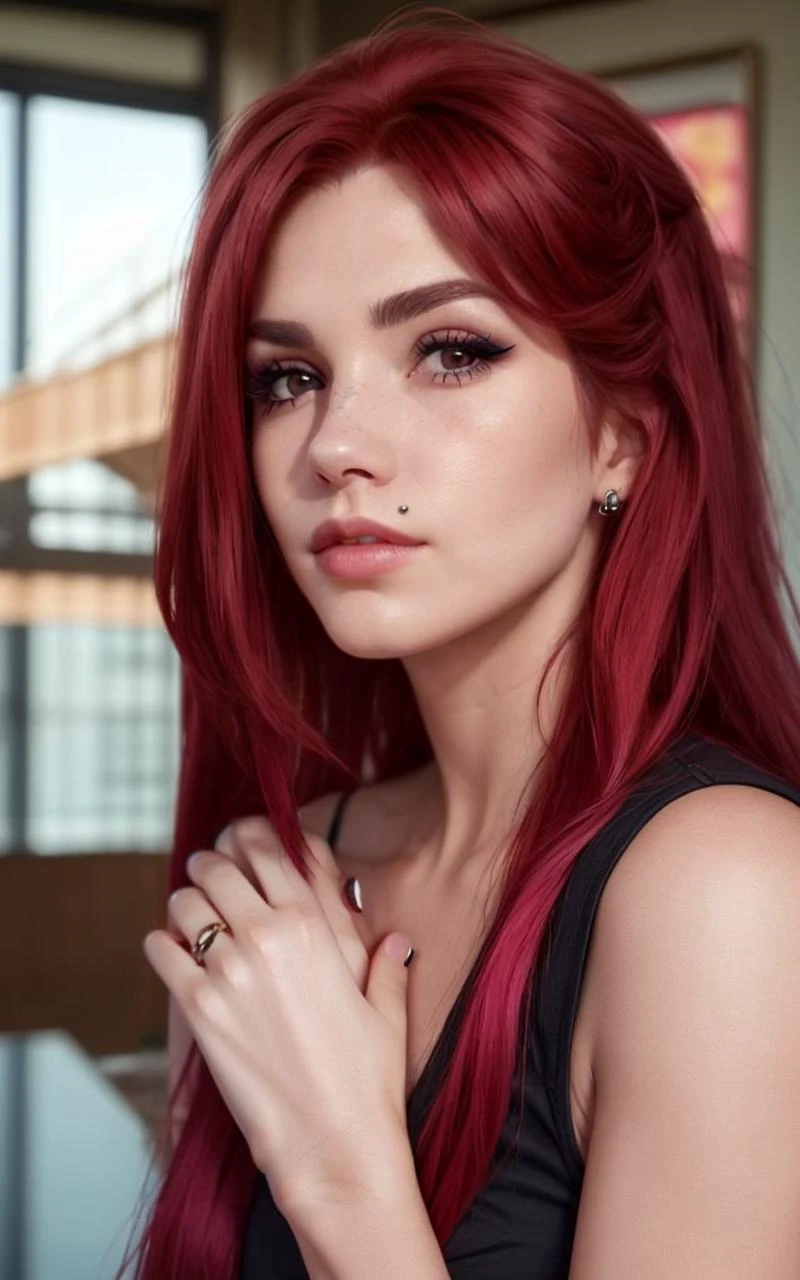 monpier2023, upper lip piercing, 1girl, 8k, uhd, best quality, trending on arstation, photorealistic, masterpiece, raw image, skin pores, detailed skin, award winning photo, beautiful girl, long red hair, mjw2023