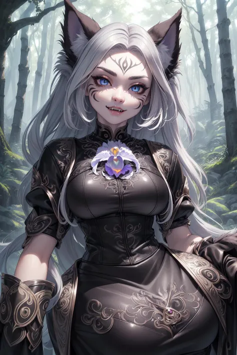 Beautiful eyes, (leather clothing), (embroidered clothes), (face paint ), illustration, (forest background) ((masterpiece)), (best quality), ((ultra-detailed)), beautiful detailed eyes, (fangs), ((beautiful forest landscape)), (original, highres), realism, semi-realism, (overexposure, illustration, ambient light), (beautifully detailed), (ultra-detailed), (light-shadow_symmetry:1.3), smooth, (perfect shading), (perfect rendering), (dynamic angle, dynamic pose), ((good anatomy)), (werewolf), ((silver fur)), (luscious fur), (werewolf), (mystical forest), ((werewolf warrior)), ((beautiful detailed gradient colour eyes, detailed intricate iris)), lustrous fur, (detailed face), ((intricate face)), slight smile, depth of field, dynamic camera angle, cinematic lighting, (photorealistic), (sharp-focus)