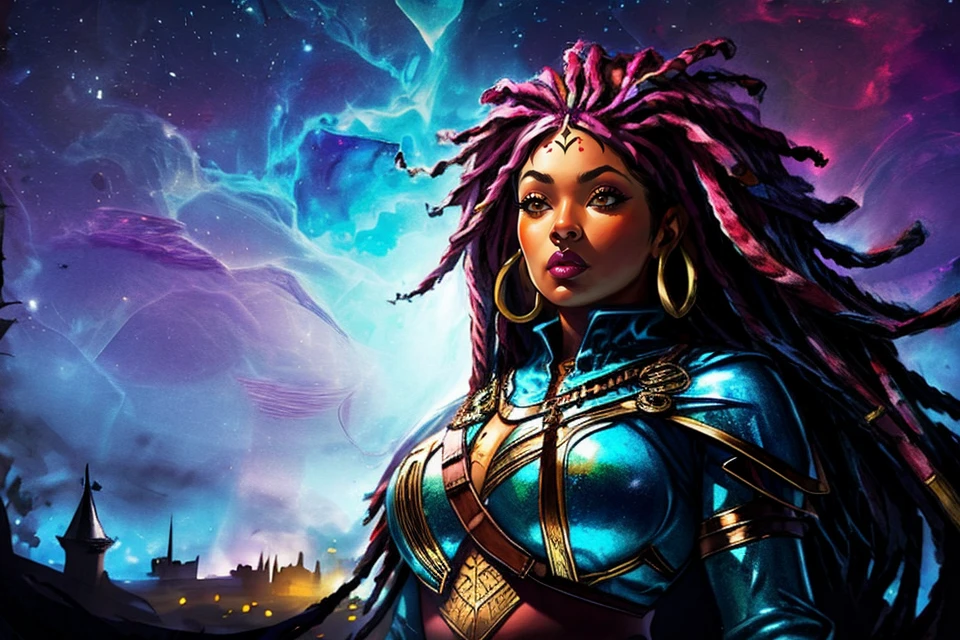 female halfling (k4sp14 <lora:Black_Women:.85>) <lora:add_detail:0.8> <lora:stylesqueeze_v2:0.20> <lora:LowRA_2:0.25> real shadows, <lora:sharpen-soften:0.2> BREAK Style-GravityMagic, portrait, solo, upper body, looking at viewer, detailed background, detailed face, (<lora:1001ArabianNightsV3:0.6>, 1001ArabianNights theme:1.1), glowing eyes, brooding, witcher, adventurer, wearing Lilac Pink scaled witcher clothes, elaborate, bandages, torn cloak straps, trinkets, wolf witcher symbol, dynamic pose, magic-infused, underground cave in background, misty haze, intense anticipation, wind blowing, bokeh, dark atmosphere, <lora:FantasyNightV1:0.25> fantasy_night <lora:RPGHobbit:0.25> hobbit