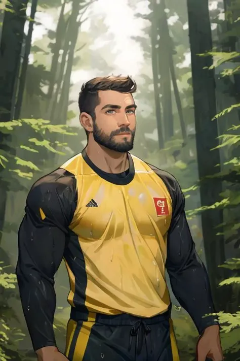 RAW photo, handsome adult european human man and manly, short disheveled hairstyle, Solid body, attractive detailed face, detailed open eyes, in forest, in sportwear, shy, dark heavy rain, standing, erotic shot, smirk winked, short beard, 8k uhd, dslr, high quality, film grain, model, wet soaked clothes, slightly transparent cloth