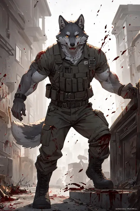 masterpiece,best quality,ultra detailed,illustration,detailed background,hi res,nj5furry,kemono,
holy light,boundless light,magnificent,8k,shot with Hasselblad X1D-50,
maximum focus,depth of field,perfect lighting,light particles,sharp focus,light particles,
BREAK
outside,war,urban rooftop,heavy cloud,(blood,blood mist,blood rain),
battlefield,dust,tyndall effect,gunpowder smoke,
BREAK
solo,solo focus,male,male focus,anthro,canid,wolf,
muscular,abs,pecs,face up,full-length portrait,yelling,
(grey fur,grey body),yellow eyes,bandage,humanoid hands,5 fingers,
humanoid feet,
BREAK
agent,soldier,clothed,military uniform,torn clothes,wounded,blood,pain,
footwar,boots,combat boots,