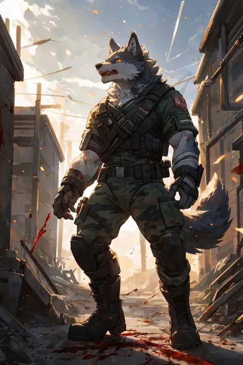 masterpiece,best quality,ultra detailed,illustration,detailed background,hi res,nj5furry,kemono,
holy light,boundless light,magnificent,8k,shot with Hasselblad X1D-50,
maximum focus,depth of field,perfect lighting,light particles,sharp focus,light particles,
BREAK
outside,war,urban rooftop,heavy cloud,(blood,blood mist,blood rain),
battlefield,dust,tyndall effect,gunpowder smoke,
BREAK
solo,solo focus,male,male focus,anthro,canid,wolf,
muscular,abs,pecs,face up,full-length portrait,yelling,
(grey fur,grey body),yellow eyes,bandage,humanoid hands,5 fingers,
humanoid feet,
BREAK
agent,soldier,clothed,military uniform,torn clothes,wounded,blood,pain,
footwar,boots,combat boots,