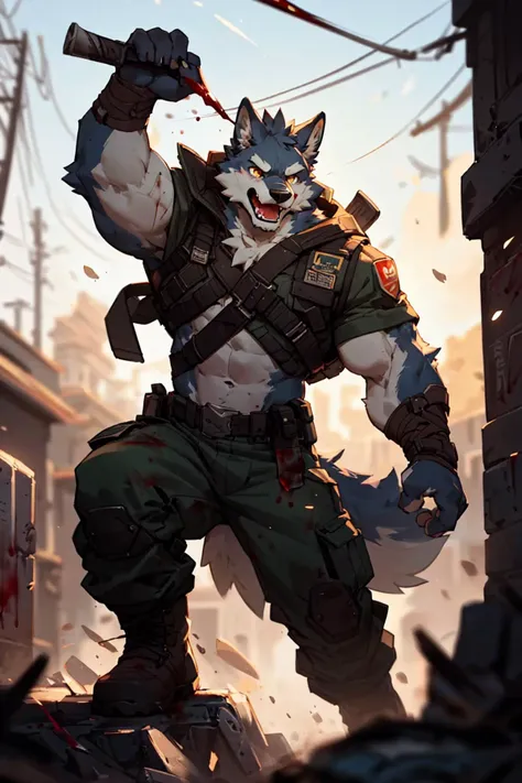 masterpiece,best quality,ultra detailed,illustration,detailed background,hi res,
by canyne khai,by null-ghost,by takemoto arashi,by milkytiger1145,
holy light,boundless light,magnificent,8k,shot with Hasselblad X1D-50,
maximum focus,depth of field,perfect lighting,light particles,sharp focus,light particles,
BREAK
outside,war,urban rooftop,heavy cloud,(blood,blood mist,blood rain),
battlefield,dust,tyndall effect,gunpowder smoke,
BREAK
solo,solo focus,male,male focus,anthro,canid,wolf,
muscular,abs,pecs,face up,full-length portrait,yelling,
(grey fur,grey body),yellow eyes,bandage,humanoid hands,5 fingers,
humanoid feet,
BREAK
agent,soldier,clothed,military uniform,torn clothes,wounded,blood,pain,
footwar,boots,combat boots,