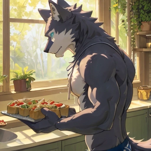 masterpiece,best quality,detailed background,hi res,nj5furry,kemono,
inside,kitchen,window,sunlight,plants,
solo,solo focus,male,male focus,anthro,wolf,(athletic:1.5),looking at viewer,
delicated eyes,detailed eyes,blue eyes,humanoid hands,5 fingers,
(briefs only),food,eating food,