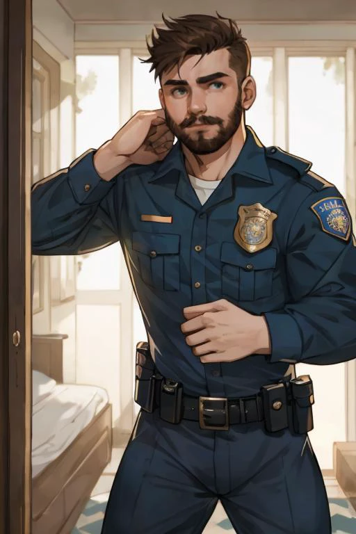RAW photo, handsome young european human man and manly, short disheveled hairstyle, Sturdy body, attractive detailed face, detailed open eyes, in private bedroom, in police uniform, shy, early morning, (action), movement, erotic shot, smirk winked, short beard, 8k uhd, dslr, soft lighting, high quality, film grain, model, towel on the shoulder