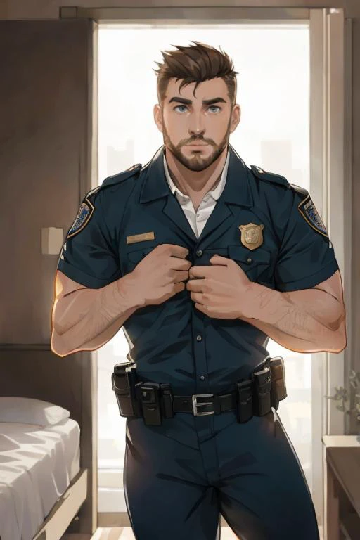 RAW photo, handsome adult european human man and manly, short disheveled hairstyle, Sturdy body, attractive detailed face, detailed open eyes, in private bedroom, in police uniform, shy, early morning, (action), movement, erotic shot, smirk winked, short beard, 8k uhd, dslr, soft lighting, high quality, film grain, model, towel on the shoulder