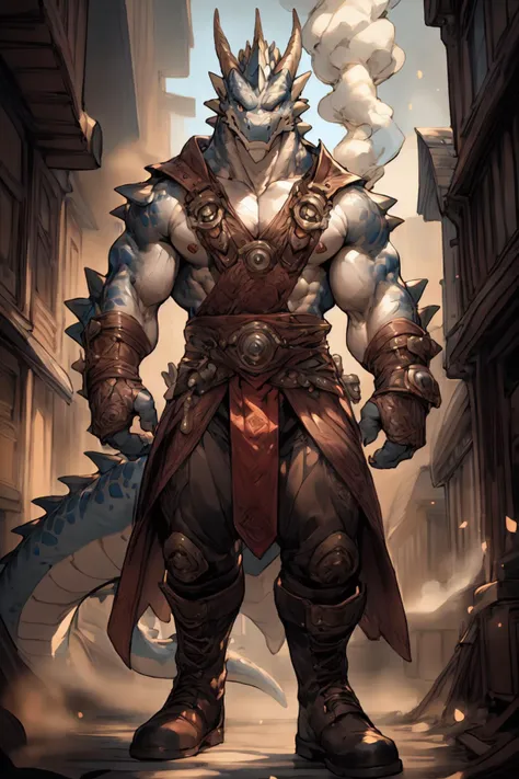 (masterpiece,best quality,ultra detailed,perfect anatomy),detailed background,kemono,
perfect lighting,light particles,sharp focus,light particles,by milkytiger1145,by lindong,by null-ghost,
BREAK
dark theme,sunlight,simple background,(smoke,chimney),fog,
solo,solo foucs,male,male focus,anthro,dragon,muscular,(half-length portrait),<lora:add_detail:0.8>,
(white body:1.5),looking at viewer,detailed eyes,
clothed,topwaer,bottomwear,footwear,worker,gloves,boots,<lora:dragonborn_offset:0.7>,<lora:Clothing - SteamPunk Armor:0.6>,