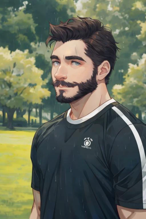 RAW photo, handsome adult european human man and manly, short disheveled hairstyle, Solid body, attractive detailed face, detailed open eyes, in central park, in sportwear, shy, cloudy warm rain, standing, erotic shot, smirk winked, short beard, 8k uhd, dslr, soft lighting, high quality, film grain, model, wet soaked clothes, slightly transparent