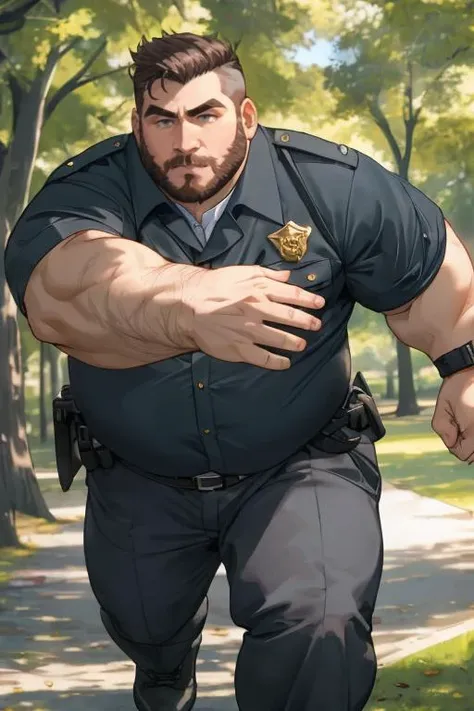 RAW photo, handsome adult european human man and manly, short disheveled hairstyle, Overweight body, attractive detailed face, detailed open eyes, in central park, in sheriff uniform, shy, early morning, (action), movement, erotic shot, smirk winked, short beard, 8k uhd, dslr, soft lighting, high quality, film grain, model