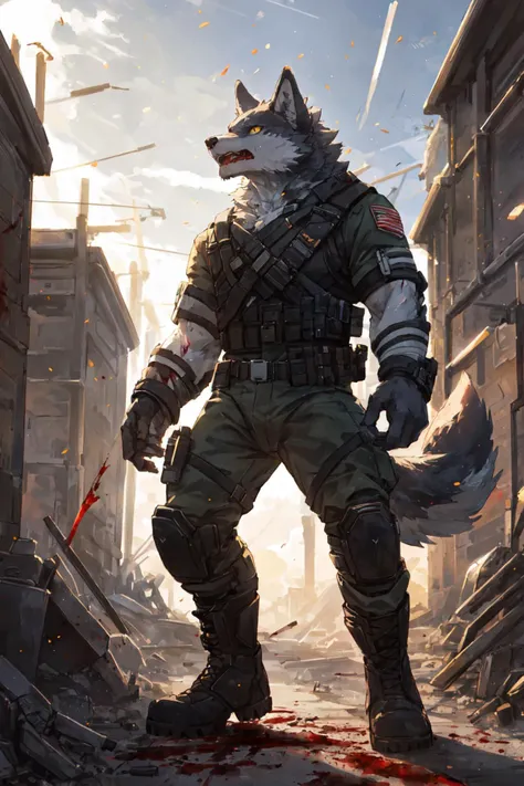 masterpiece,best quality,ultra detailed,illustration,detailed background,hi res,nj5furry,kemono,
holy light,boundless light,magnificent,8k,shot with Hasselblad X1D-50,
maximum focus,depth of field,perfect lighting,light particles,sharp focus,light particles,
BREAK
outside,war,urban rooftop,heavy cloud,(blood,blood mist,blood rain),
battlefield,dust,tyndall effect,gunpowder smoke,
BREAK
solo,solo focus,male,male focus,anthro,canid,wolf,
muscular,abs,pecs,face up,full-length portrait,yelling,
(grey fur,grey body),yellow eyes,bandage,humanoid hands,5 fingers,
humanoid feet,
BREAK
agent,soldier,clothed,military uniform,torn clothes,wounded,blood,pain,
footwar,boots,combat boots,
