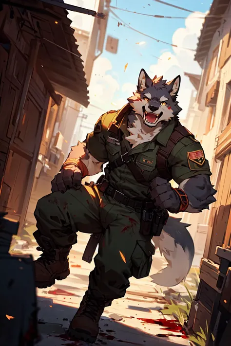masterpiece,best quality,ultra detailed,illustration,detailed background,hi res,
by canyne khai,by null-ghost,by takemoto arashi,by milkytiger1145,
holy light,boundless light,magnificent,8k,shot with Hasselblad X1D-50,
maximum focus,depth of field,perfect lighting,light particles,sharp focus,light particles,
BREAK
outside,war,urban rooftop,heavy cloud,(blood,blood mist,blood rain),
battlefield,dust,tyndall effect,gunpowder smoke,
BREAK
solo,solo focus,male,male focus,anthro,canid,wolf,
muscular,abs,pecs,face up,full-length portrait,yelling,
(grey fur,grey body),yellow eyes,bandage,humanoid hands,5 fingers,
humanoid feet,
BREAK
agent,soldier,clothed,military uniform,torn clothes,wounded,blood,pain,
footwar,boots,combat boots,