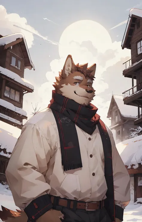 by zixiong, by takemoto arashi, by milkytiger1145, by lindong,
masterpiece, best quality,
1boy, anthro, canid, wolf, half-length portrait, belt,
scarf, smile, intricate coat, (snow:1.2), from side,
sky, cloudy sky, building, sunlight, sun