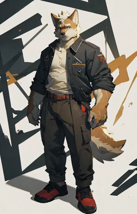 (abstract art:1.5), (masterpiece, best quality, ultra high res:1.5),
by zixiong, by milkytiger1145, by lindong,
anthro, solo, male, canid, wolf, belt, shoes,
full-length portrait, fully clothed, looking at viewer,