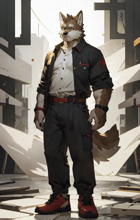 (abstract art:1.5), (masterpiece, best quality, ultra high res:1.5),
by zixiong, by milkytiger1145, by lindong,
anthro, solo, male, canid, wolf, belt, shoes,
full-length portrait, fully clothed, looking at viewer,