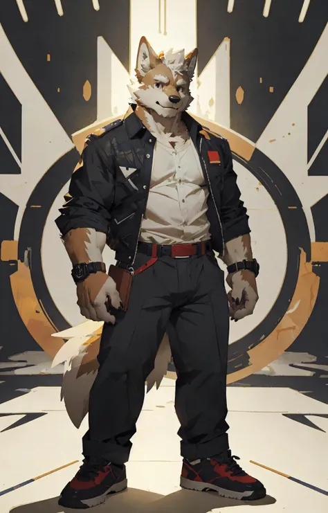 (abstract art:1.5), (masterpiece, best quality, ultra high res:1.5),
by zixiong, by milkytiger1145, by lindong,
anthro, solo, male, canid, wolf, belt, shoes,
full-length portrait, fully clothed, looking at viewer,