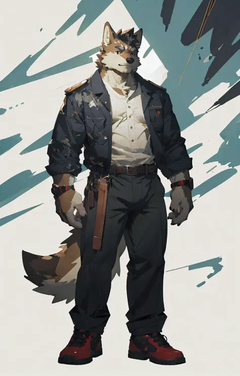 (abstract art:1.5), (masterpiece, best quality, ultra high res:1.5),
by zixiong, by milkytiger1145, by lindong,
anthro, solo, male, canid, wolf, belt, shoes,
full-length portrait, fully clothed, looking at viewer,