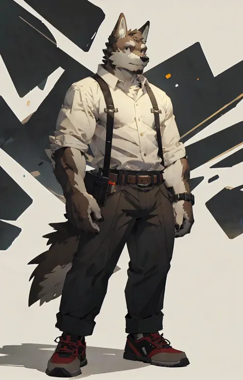(abstract art:1.5), (masterpiece, best quality, ultra high res:1.5),
by zixiong, by milkytiger1145, by lindong,
anthro, solo, male, canid, wolf, belt, shoes,
full-length portrait, fully clothed, looking at viewer,