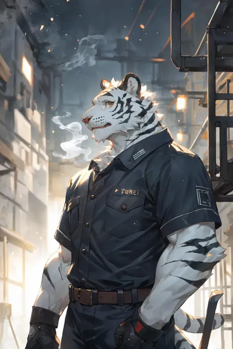 (masterpiece,best quality,ultra detailed,perfect anatomy),detailed background,hi res,nj5furry,kemono,
perfect lighting,light particles,sharp focus,light particles,by milkytiger1145,by lindong,by null-ghost,
BREAK
dark theme,sunlight,outside,factory,(smoke,chimney),fog,
solo,solo foucs,male,male focus,anthro,felid,tiger,muscular,(half-length portrait,upper body:1.5),
BREAK
(white fur:1.5,white body:1.5),looking at viewer,detailed eyes,
clothed,topwaer,bottomwear,footwear,worker,(factory uniforms,work wear style),gloves,boots,