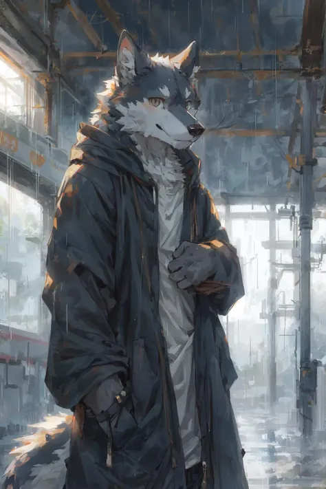 masterpiece, best quality, perfect anatomy,nj5furry,kemono,
solo,male,anthro,wolf,baggy clothing, gentle,
bright eyes, detailed eyes, looking at viewer,
train station, waterdrop, grey sky, raining, fog,