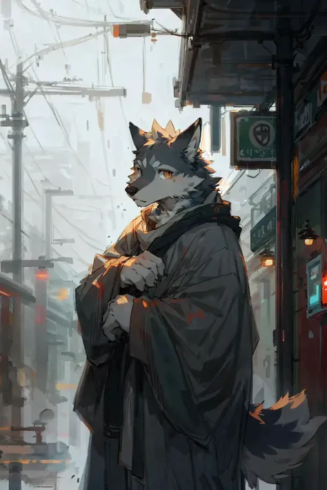 masterpiece, best quality, perfect anatomy,
by milkytiger1145,by canyne khai,
solo,male,anthro,wolf,baggy clothing, gentle,
bright eyes, detailed eyes, looking at viewer,
train station, waterdrop, grey sky, raining, fog,