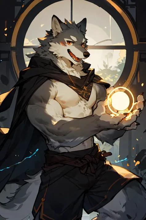 (masterpiece,best quality,perfect anatomy),detailed background,hi res,
by milkytiger1145,by null-ghost,
solo,male anthro wolf,cloak,topless,shorts,laugh,looking at viewer,
dark theme,backlight,(circle light:1.4),magic,