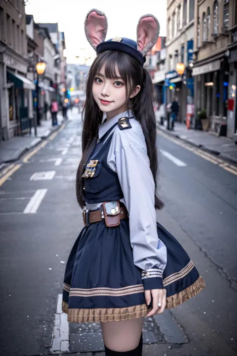 realistic, photorealistic, masterpiece, best quality, rabbit_officer, 1girl, solo, smile, looking at viewer, long black hair, standing, full body,in street, netural lighting, <lora:rabbit_officer_v2:0.7>, <lora:Cute Asian Face:0.6> , <lora:chinaDollLikeness_v10:0.2>