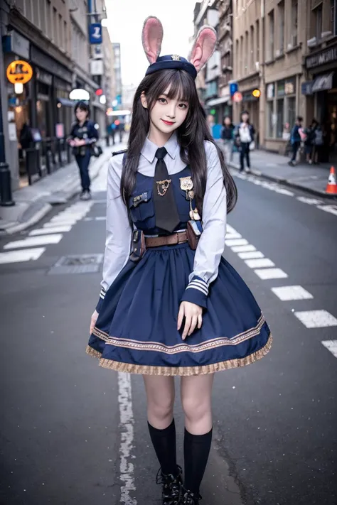 realistic, photorealistic, masterpiece, best quality, rabbit_officer, 1girl, solo, smile, looking at viewer, long black hair, standing, full body,in street, netural lighting, <lora:rabbit_officer_v2:0.7>, <lora:Cute Asian Face:0.6> , <lora:chinaDollLikeness_v10:0.2>
