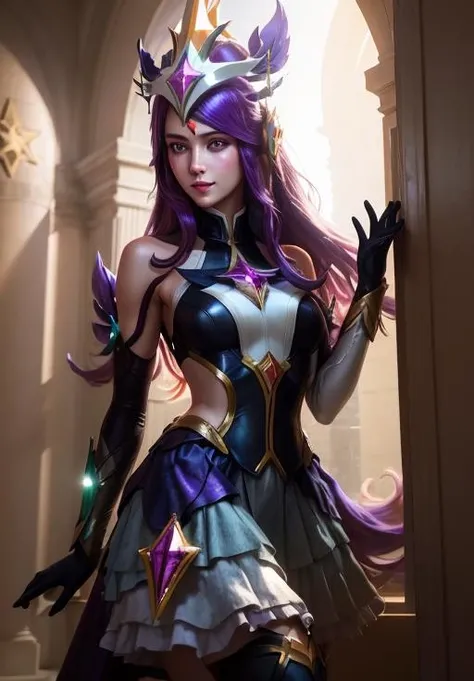 <lora:star_guardian_Syndra:0.8>, star_guardian_Syndra, solo, smile,, (magical, magnificent, masterpiece:1.3), (trending on CGSociety, trending on pixiv, contest winner:1.3)